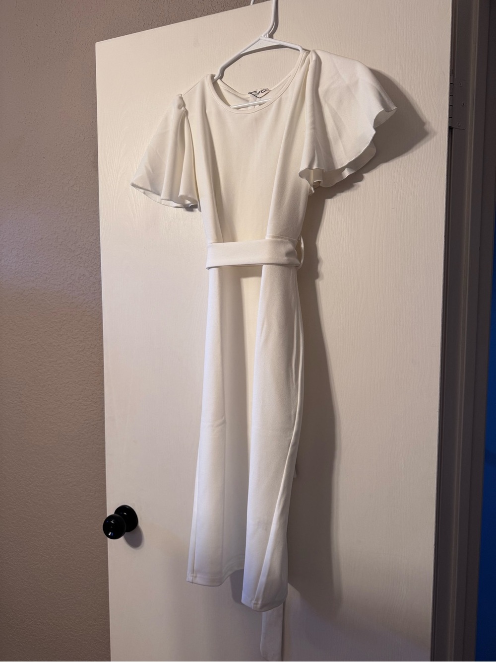 Elegant White Flutter Sleeve Belted Dress